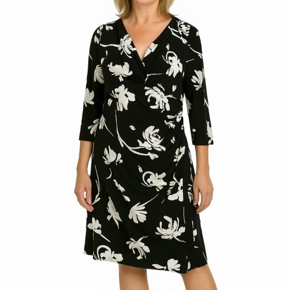 Lauren Ralph Lauren Black White Floral Print Sheath Faux Wrap Dress Size 16